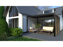 NOUVEAUTE pergola bioclimatique imitation bois 10,80 m2 et ventelles aluminium mobiles pour côté 3 m HABRITA