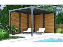 NOUVEAUTE Pergola bioclimatique imitation bois 10,80 m2 et ventelles aluminium mobiles pour un côté 3 m et un côté 3 m 60 HABRIT
