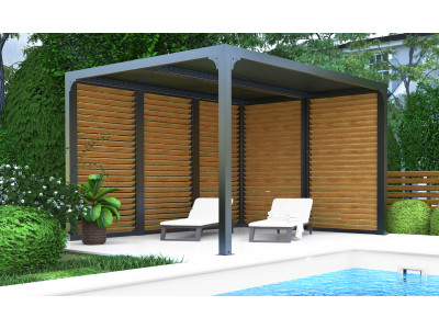 NOUVEAUTE Pergola bioclimatique imitation bois 10,80 m2 et ventelles aluminium mobiles pour un côté 3 m et un côté 3 m 60 HABRIT