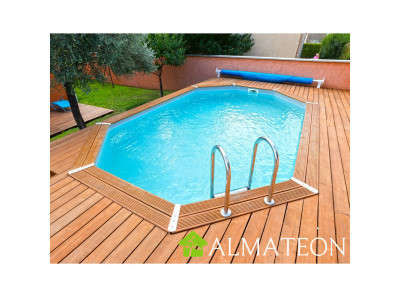 Piscine AZURA 355 x 490 x H130 cm en bois, octogonale allongee, liner bleu adriatique UBBINK