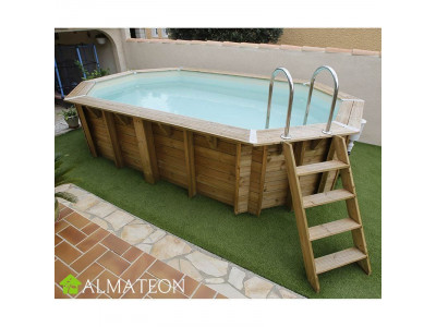 PROMO piscine AZURA POMPE A CHALEUR OFFERTE 355 x 490 x H130 cm en bois, octogonale allongee, liner beige UBBINK