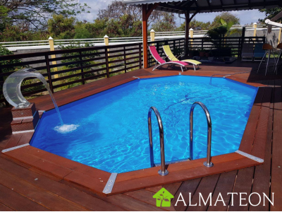NOUVEAUTE piscine LAGUNE POMPE A CHALEUR OFFERTE 400 x 610 x H120 cm en bois, octogonale allongee, liner bleu adriatique UBBINK