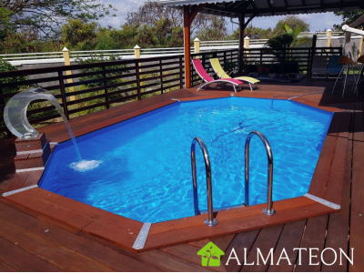 Piscine LAGUNE 400 x 610 x H120 cm en bois, octogonale allongee, liner bleu adriatique UBBINK