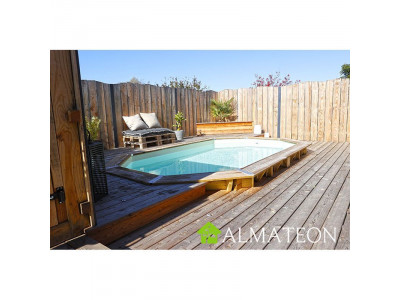 PROMO piscine AZURA POMPE A CHALEUR OFFERTE 400 x 610 x H120 cm en bois, octogonale allongee, liner beige UBBINK