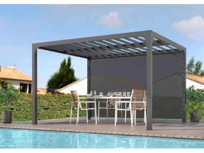 Pergola de 10,80 m2 bioclimatique en ALUMINIUM ouverture manuelle avec rideau manuel gris pour côté de 3,60 m