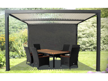 PROMO Pergola de 10,80 m2 bioclimatique avec lames écrues ouverture manuelle avec rideau manuel gris pour côté de 3,60M