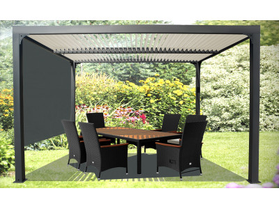 Pergola de 10,80 m2 bioclimatique avec lames écrues ouverture manuelle avec rideau manuel gris pour côté de 3M