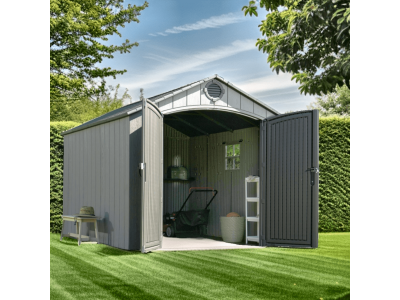  Abri résine PEHD imitation bois grand volume avec plancher et toit 2 pentes LIFETIME