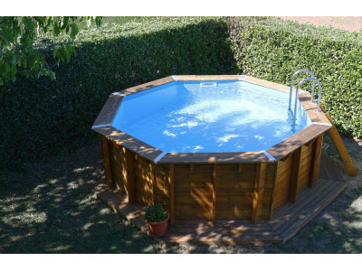 PROMO piscine OCEA POMPE CHALEUR OFFERTE valeur 759€  430 x H120 cm liner bleu en bois octogonale UBBINK avec bâche à bulles