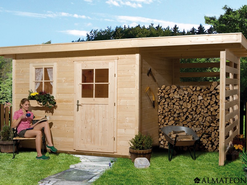 Abri de jardin de 8,88 m2 dim 301 x 445 x 226 cm avec extension de 4,51 m2  en bois brut Garantie 5 ans WEKA OLG - ALMATEON