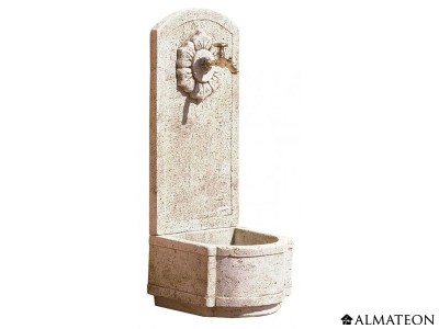 Fontaine murale ancienne Tournesol en pierre 40 x 38 x 101 cm avec robinet